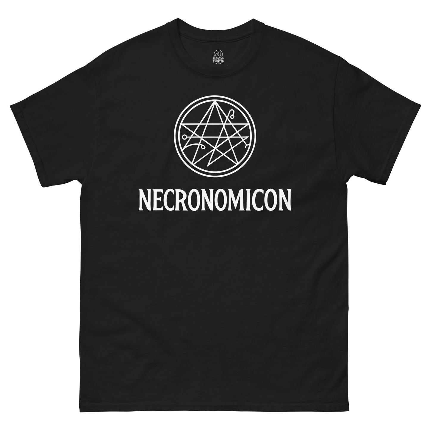 Black Necronomicon Cthulhu T-shirt with occult pentagram and Lovecraft horror design