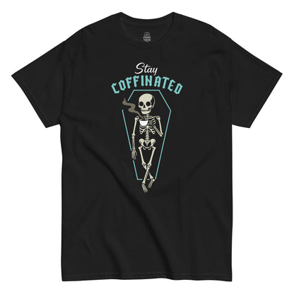 Front view black Stay Coffinated skeleton coffee T-shirt gothic caffeine design