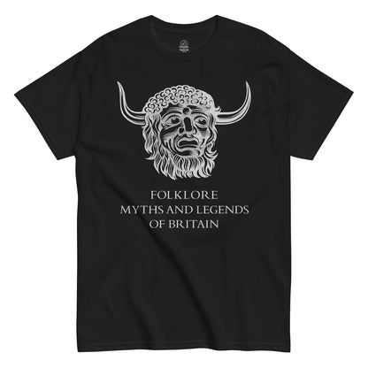 Front view black Folklore Myths and Legends of Britain T-shirt pagan Celtic mythology design
