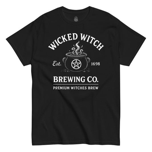 Wicked Witch Brewing Co. cauldron T-shirt with pentagram and steaming brew design on black