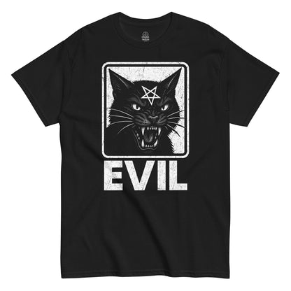 Evil Cat T-shirt black front view, gothic occult pentagram witchy cat design