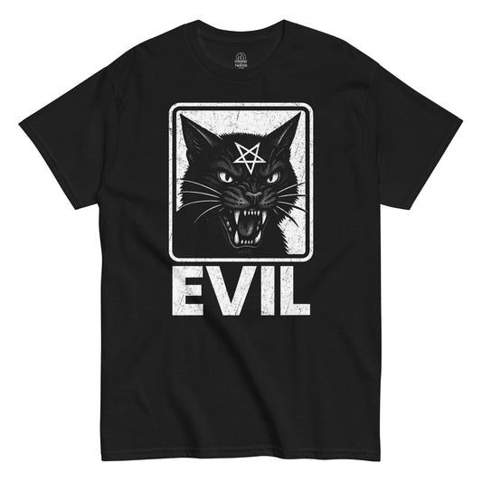 Evil Cat T-shirt black front view, gothic occult pentagram witchy cat design