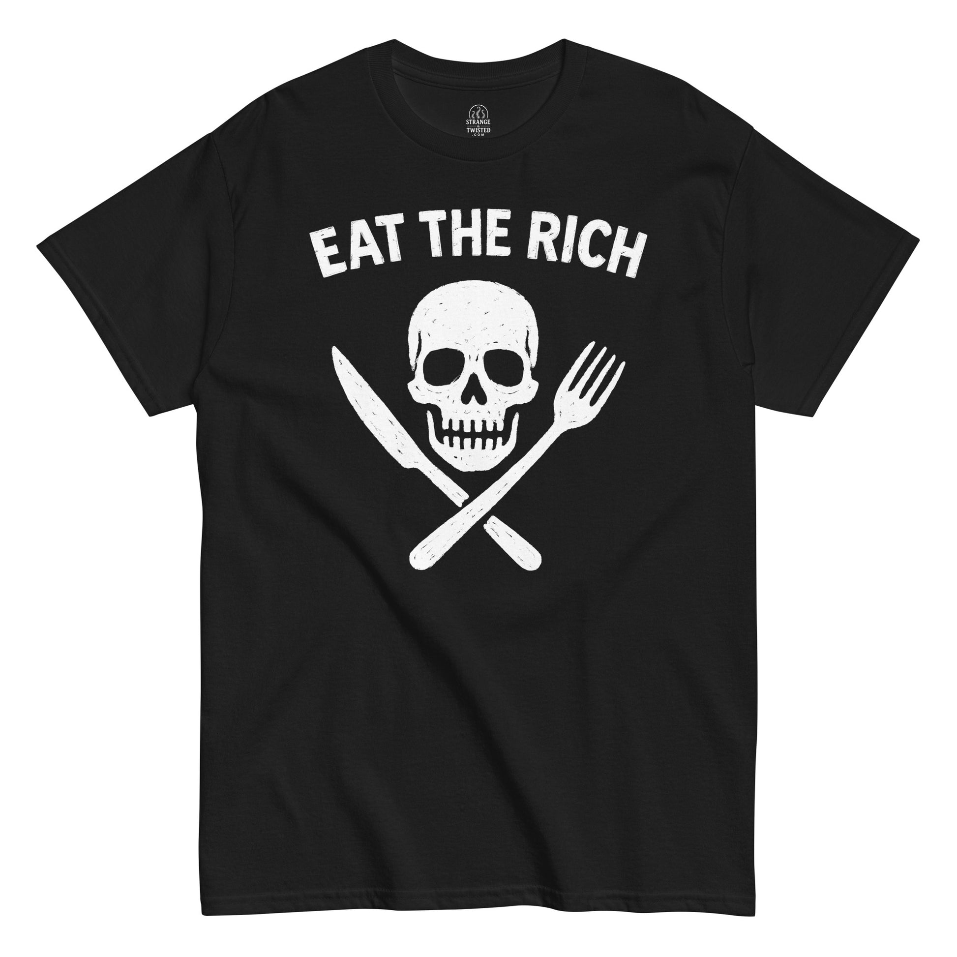 Eat The Rich skull with fork and knife protest T-shirt in black, bold punk design.