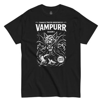 Black t-shirt front with vampurr vampire cat gothic horror design 
