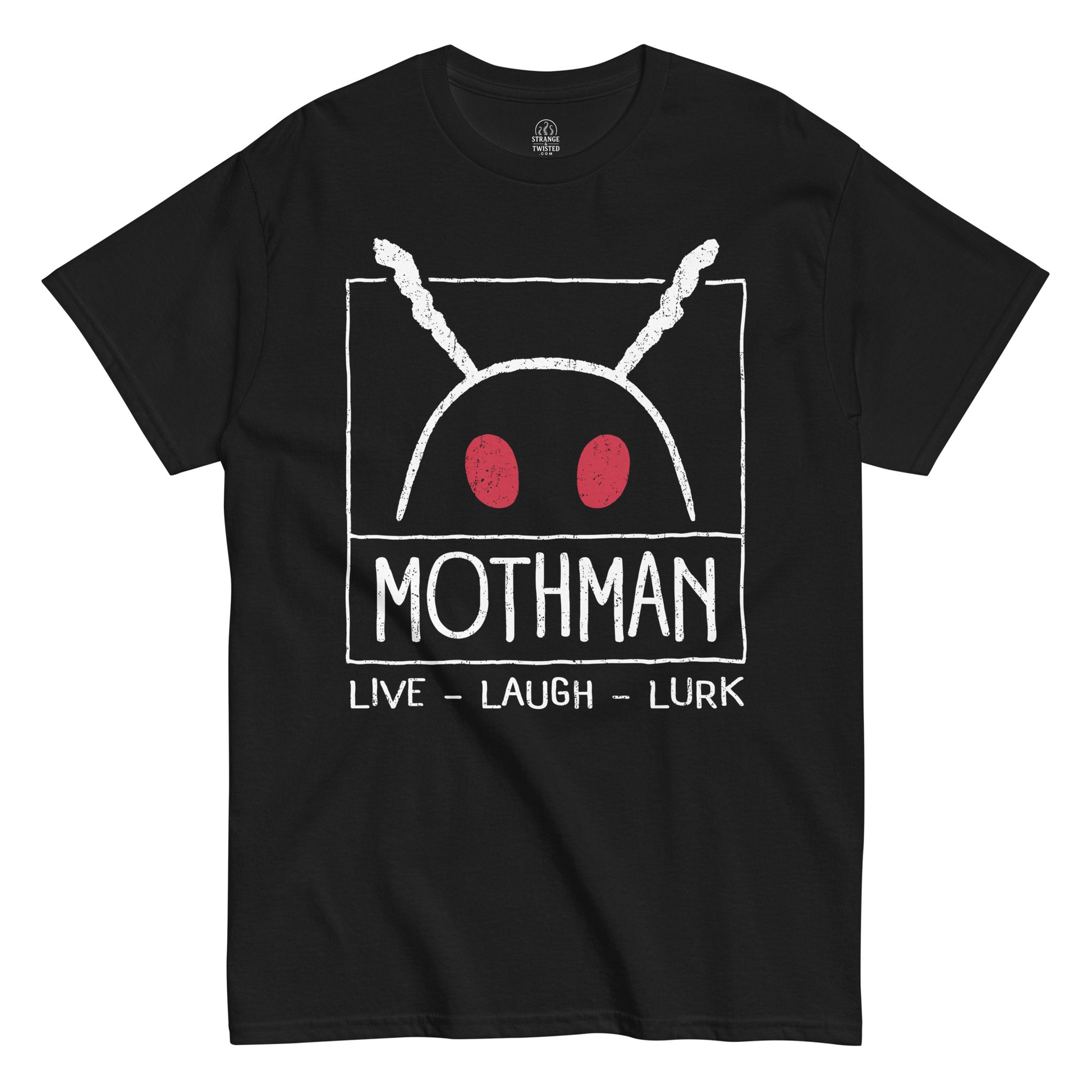 Funny Mothman T-shirt on black – cryptid face with red eyes and slogan “Live Laugh Lurk”