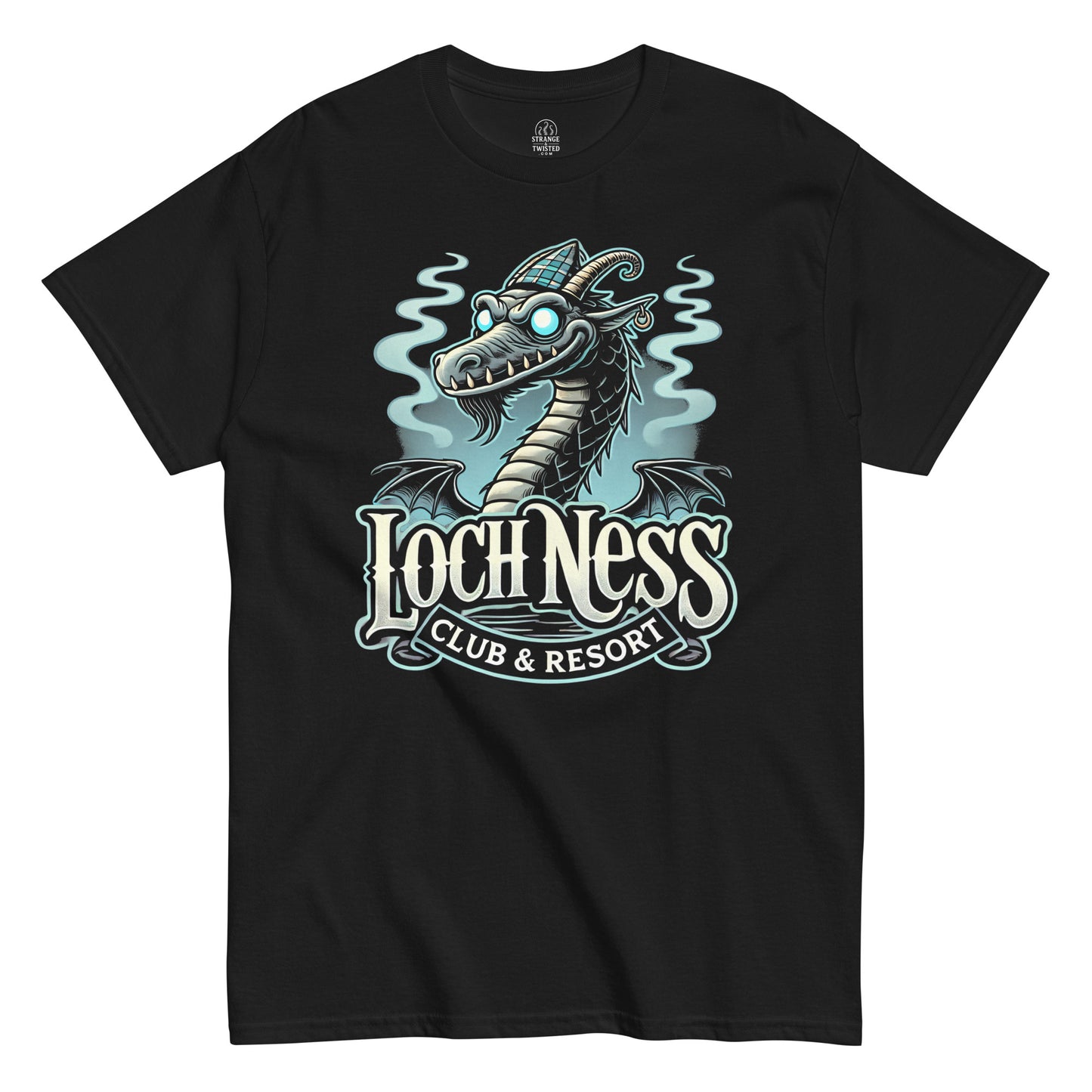Funny Loch Ness Monster T-shirt on black – cartoon Nessie with tartan cap and “Loch Ness Club & Resort” text