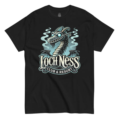 Funny Loch Ness Monster T-shirt on black – cartoon Nessie with tartan cap and “Loch Ness Club & Resort” text