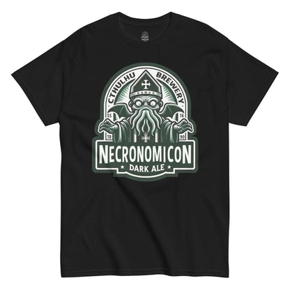 Necronomicon Dark Ale Cthulhu T-shirt on black – parody brewery logo with cartoon Cthulhu brewmaster and gothic lettering