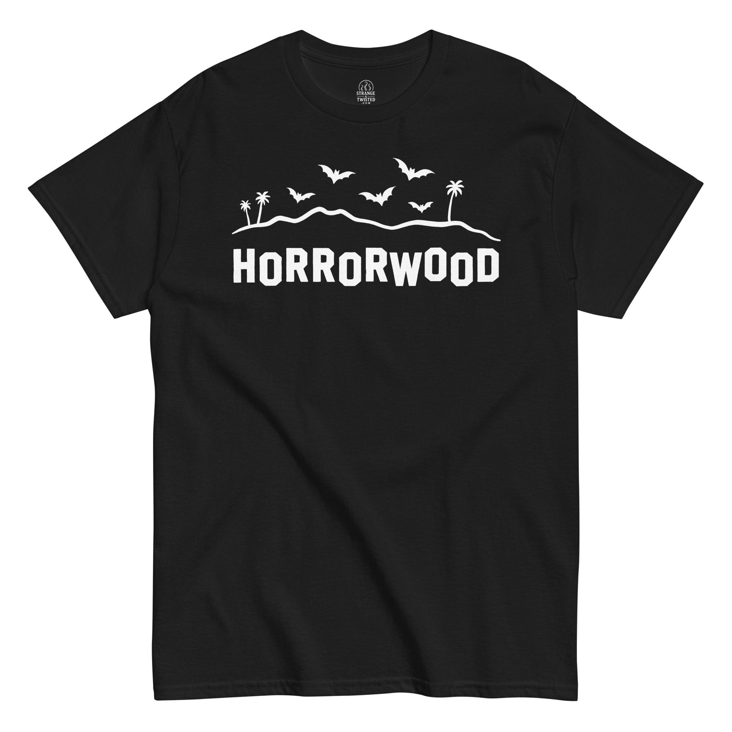 Horrorwood parody T-shirt on black – gothic text with bats and palm trees above a spooky skyline