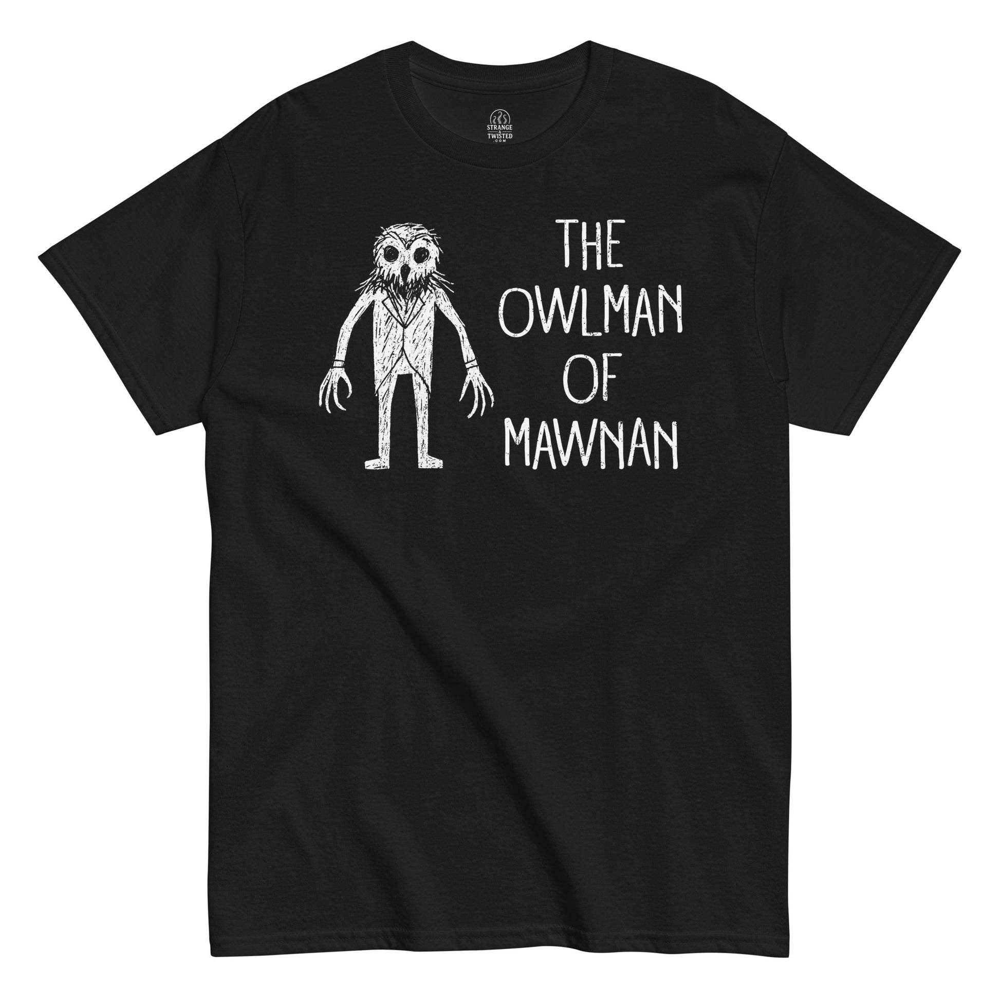 Owlman of Mawnan T-shirt on black – creepy hand-drawn owl humanoid with bold text