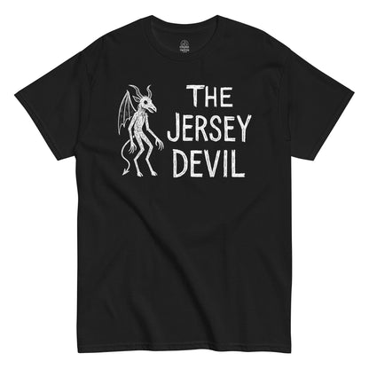 Jersey Devil T-shirt on black – hand-drawn winged cryptid design with bold gothic text