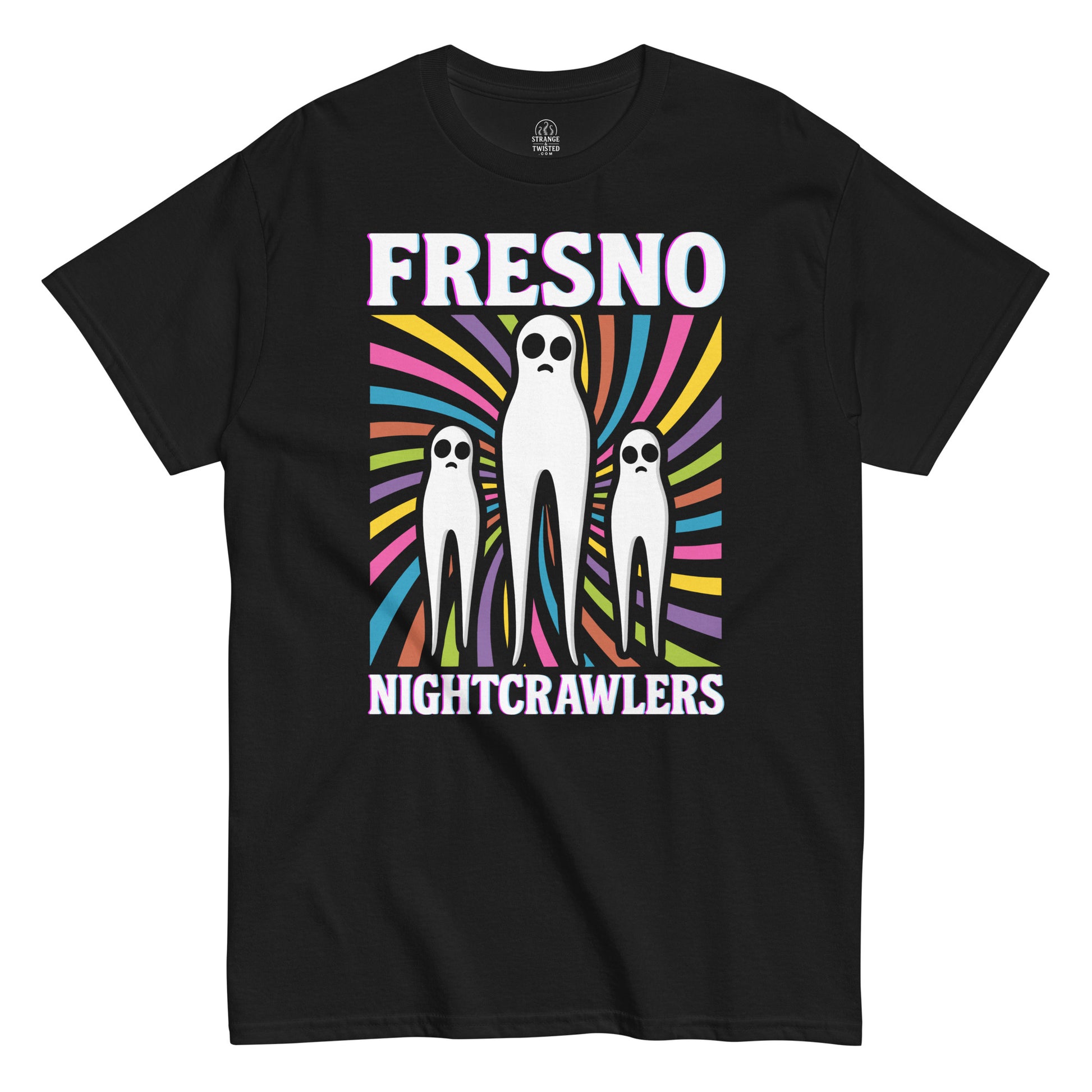 Fresno Nightcrawlers T-shirt on black – three cryptids with psychedelic spiral background
