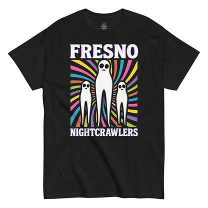Fresno Nightcrawlers T-shirt on black – three cryptids with psychedelic spiral background