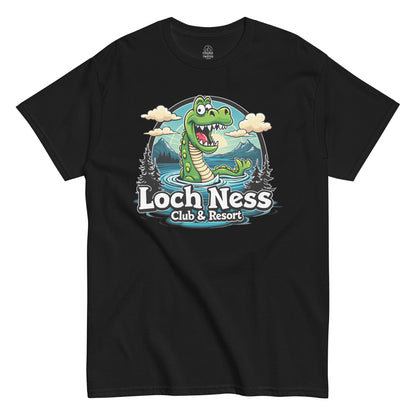 Loch Ness Monster T-shirt on black – cartoon Nessie in lake with “Club & Resort” parody text