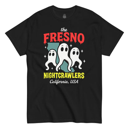 Fresno Nightcrawlers California T-shirt on black, three ghost-like cryptids over California state, funny horror cryptid apparel