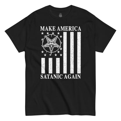 Make America Satanic Again T-shirt on black, gothic flag design with pentagram and stars, occult dark fashion apparel