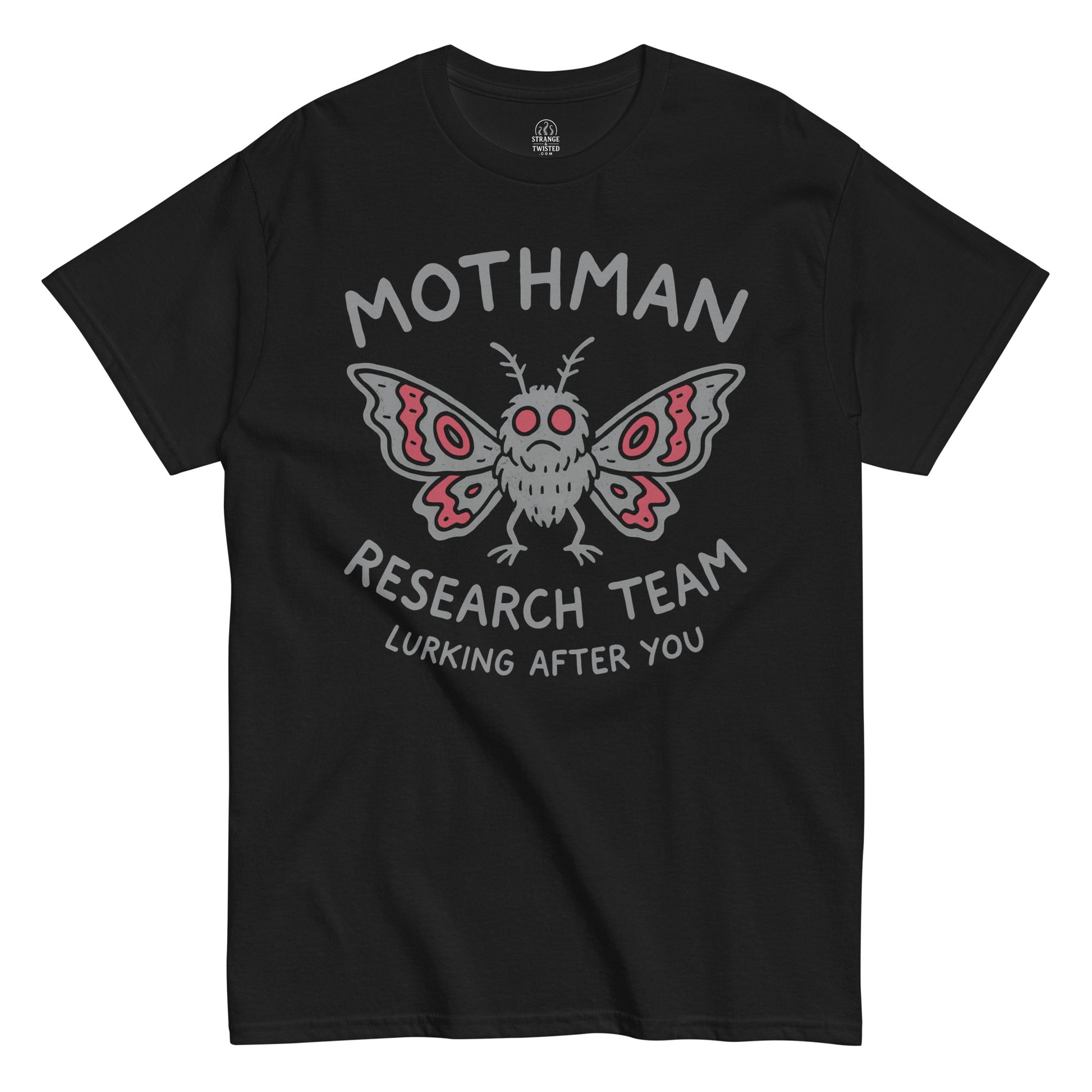 Mothman Research Team T-shirt on black, red-eyed cryptid with “Lurking After You” text for cryptid and folklore fans