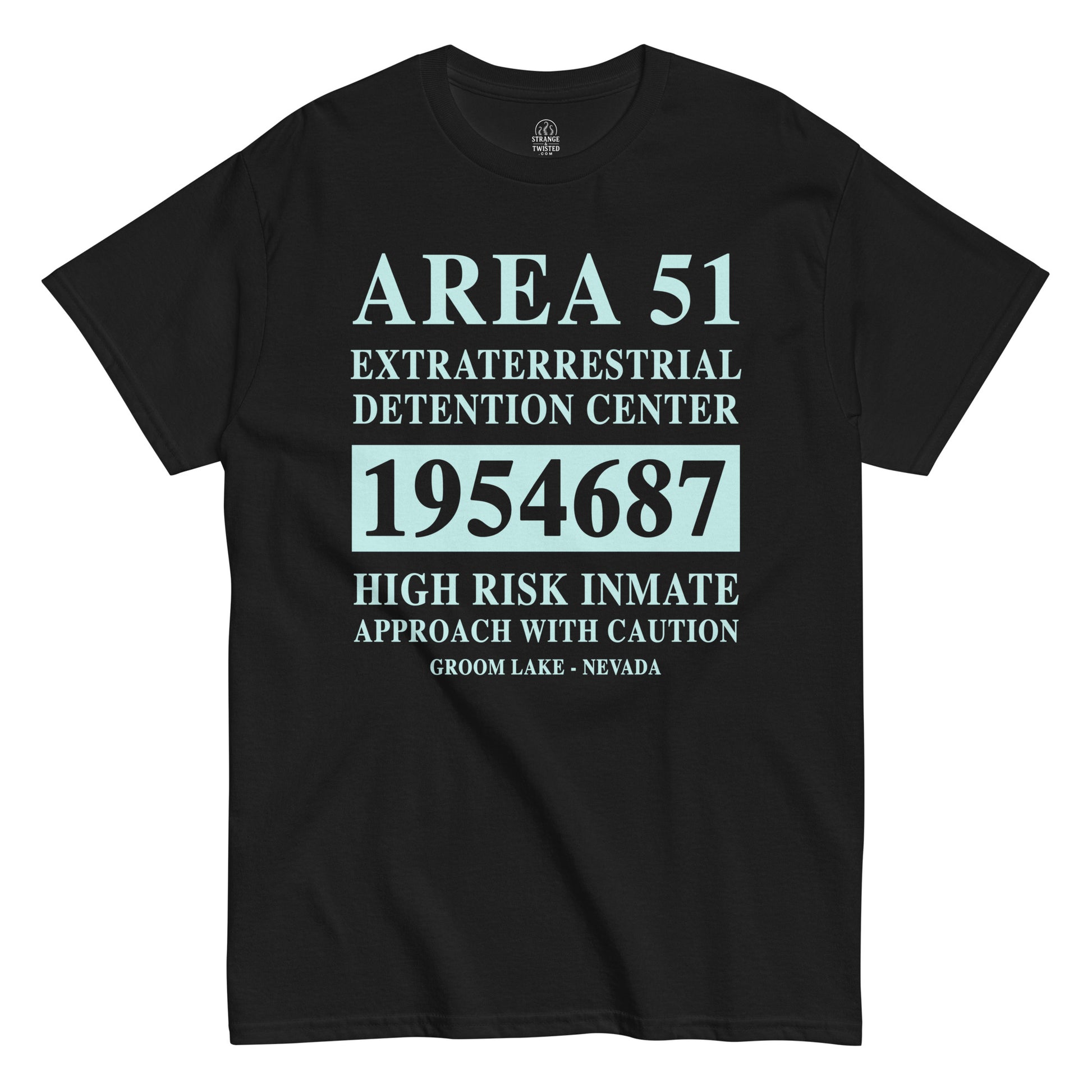 Area 51 Classified Inmate UFO T-shirt on black background, funny alien believer apparel