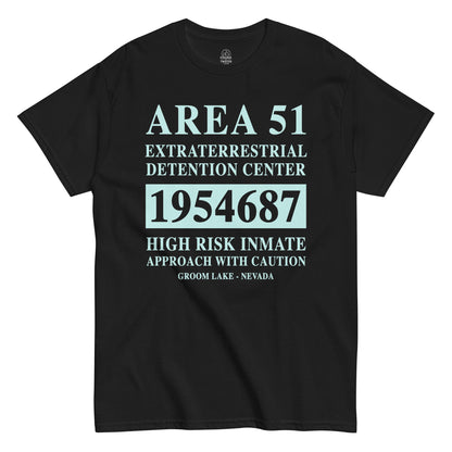 Area 51 Classified Inmate UFO T-shirt on black background, funny alien believer apparel