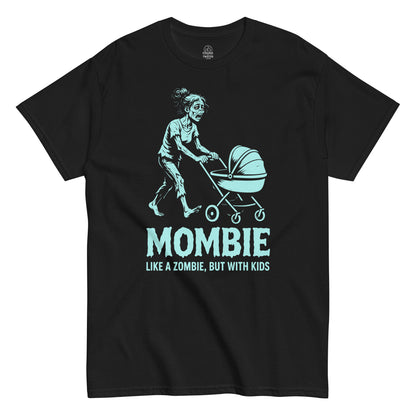 Funny Mombie T-shirt on black, cartoon tired mom pushing stroller, humorous zombie mom design for parenting humor and Mother’s Day gifts