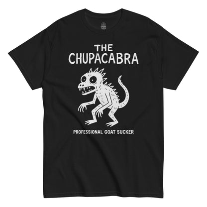 Black Chupacabra T-shirt featuring funny cryptid art with text “Professional Goat Sucker,” humorous monster folklore design by Strange and Twisted