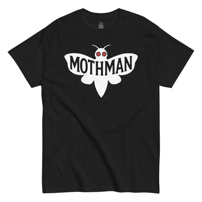 Black Mothman T-shirt featuring minimalist white cryptid design with red eyes, inspired by Point Pleasant folklore by Strange and Twisted