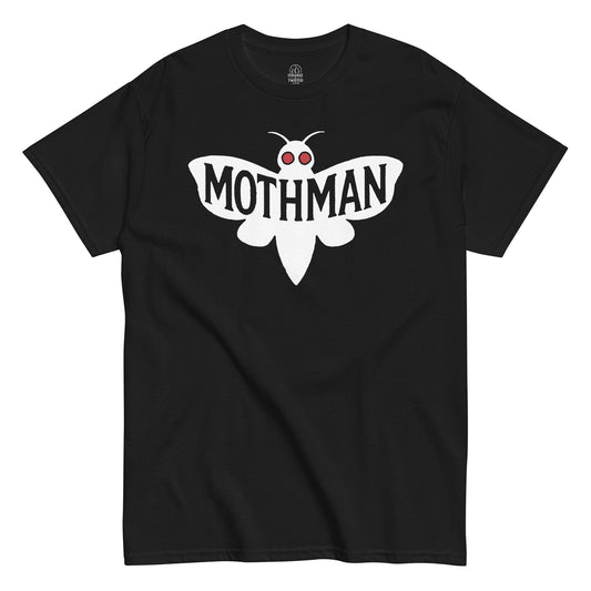 Black Mothman T-shirt featuring minimalist white cryptid design with red eyes, inspired by Point Pleasant folklore by Strange and Twisted
