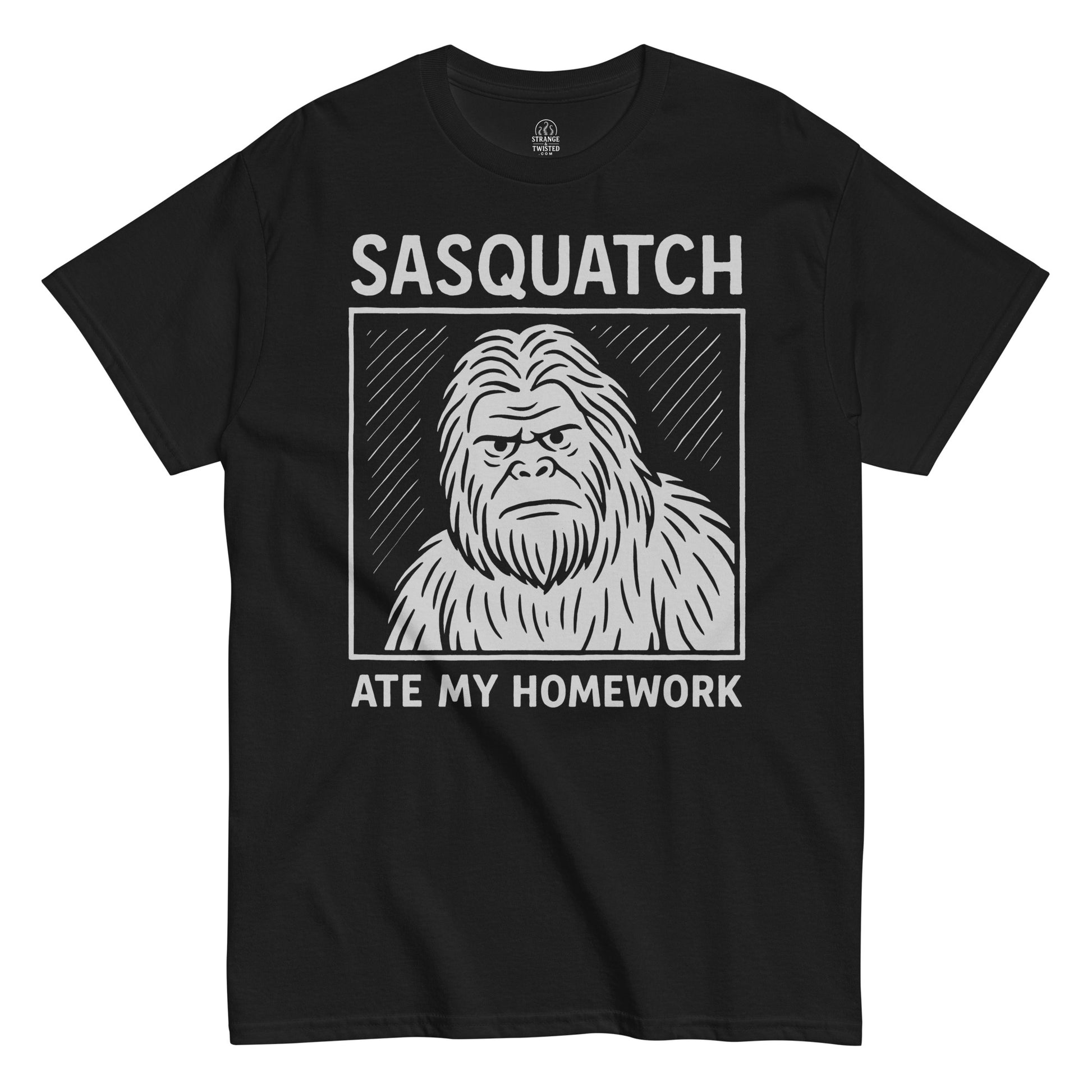 Black Sasquatch Ate My Homework T-shirt featuring funny Bigfoot illustration, humorous cryptid apparel by Strange and Twisted