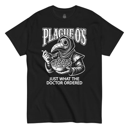 Plague O’s T-shirt showing plague doctor eating eyeball cereal with text “Just What the Doctor Ordered,” white print on black fabric.