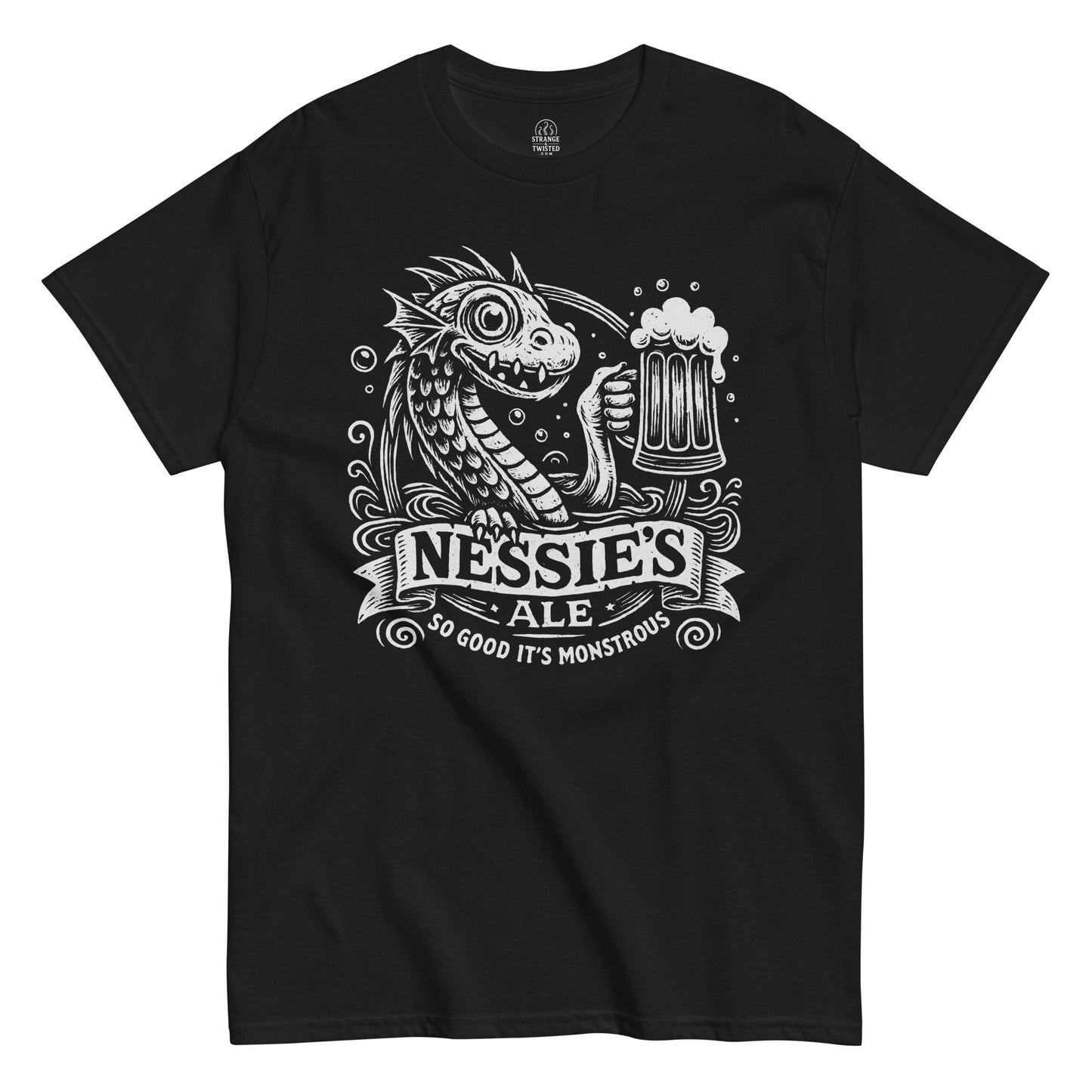 Nessie’s Ale T-shirt featuring cartoon Loch Ness Monster holding beer with text “So Good It’s Monstrous,” white print on black fabric.