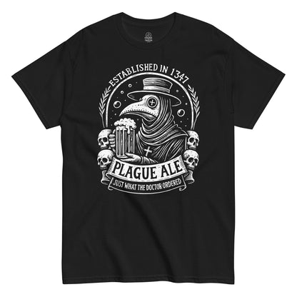 Plague Ale T-shirt featuring plague doctor with pint surrounded by skulls and gothic laurel design, white print on black background.