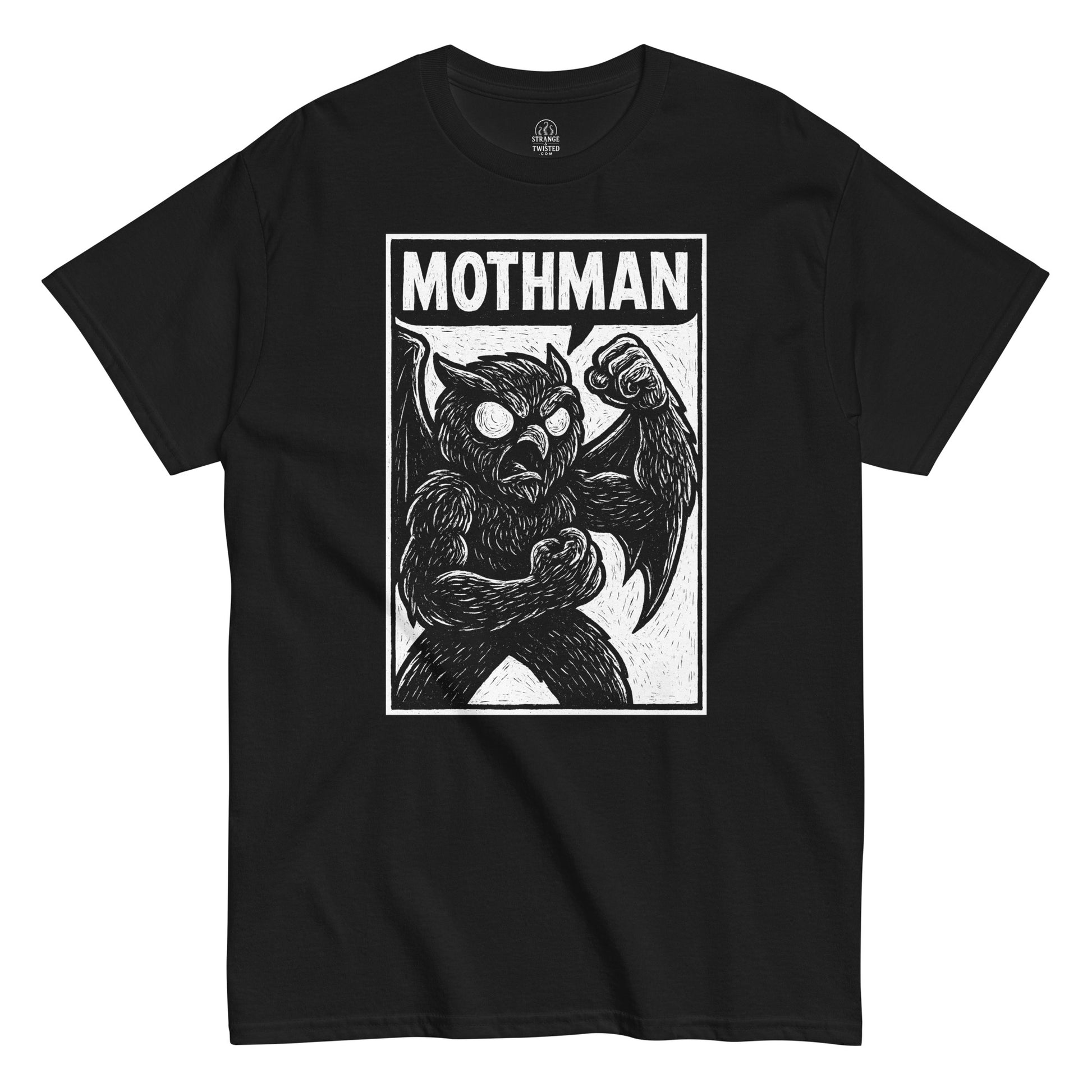 Mothman T-shirt featuring vintage-style hand-drawn cryptid flexing pose, white print on black background.