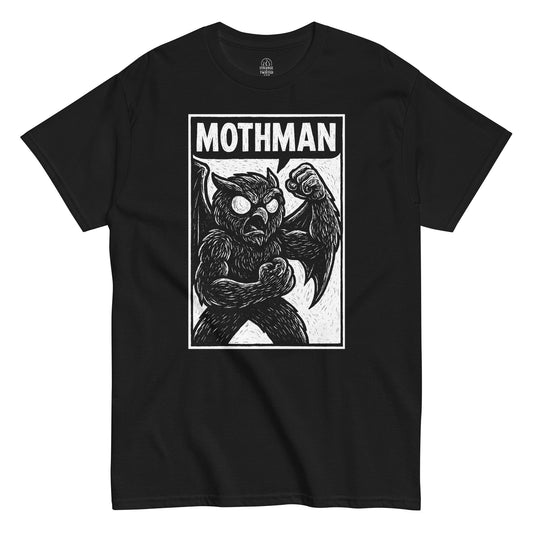 Mothman T-shirt featuring vintage-style hand-drawn cryptid flexing pose, white print on black background.