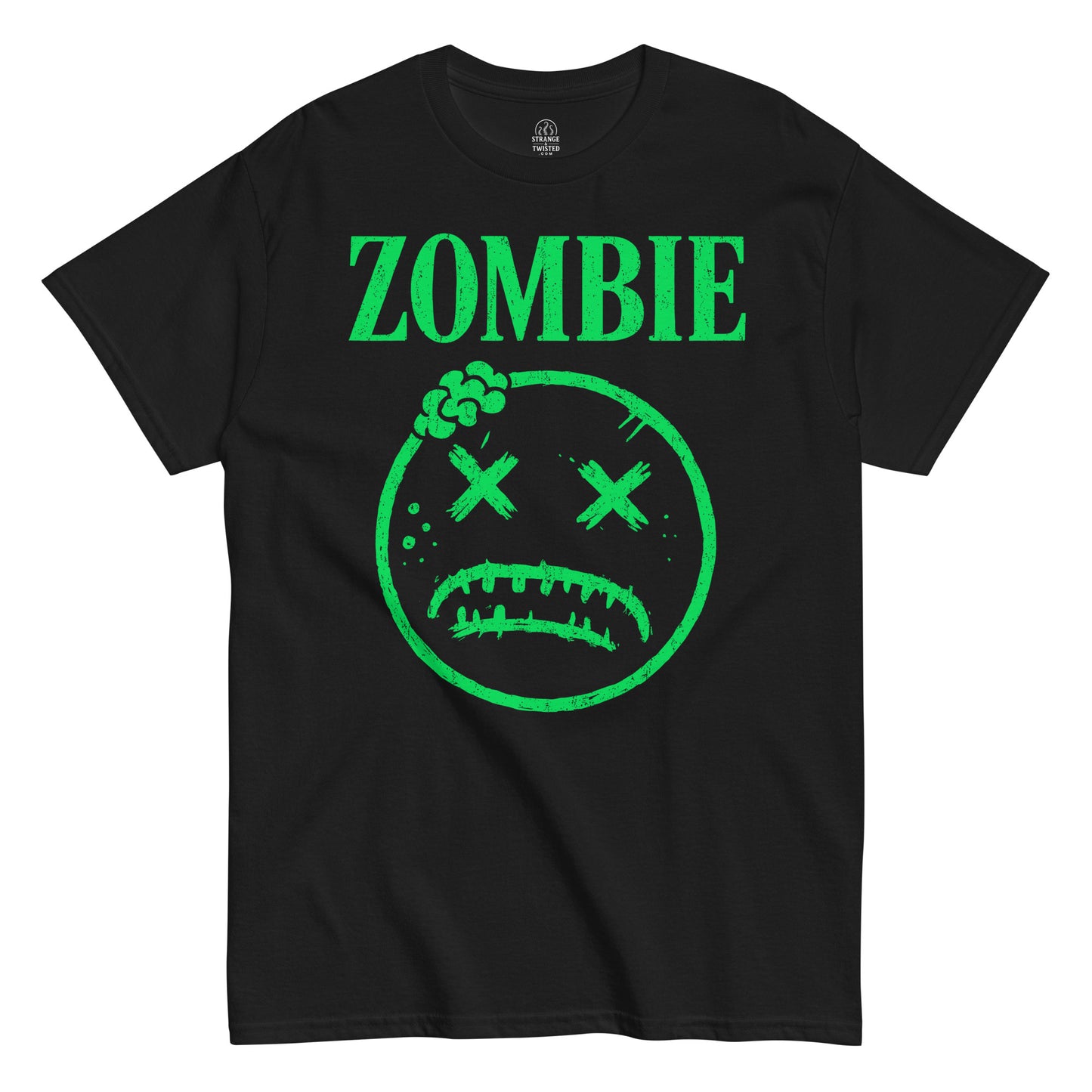 Zombie T-shirt featuring neon-green distressed face graphic with X eyes and cracked skull on black fabric.