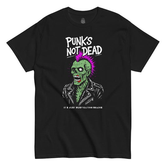 Punks Not Dead T-shirt featuring neon-green zombie punk with pink mohawk, white distressed lettering, and horror-punk style design on black fabric.