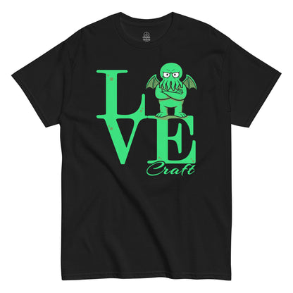 Lovecraft Cthulhu T-shirt featuring neon-green “LOVE” design with Cthulhu perched on top, printed on black fabric.
