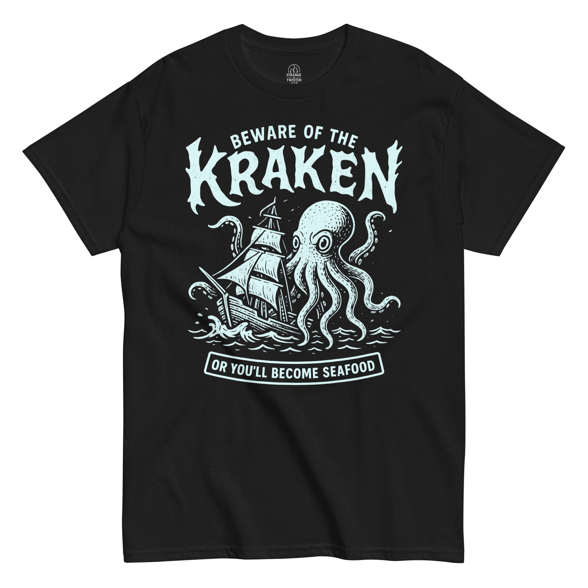 Beware of the Kraken T-shirt featuring mint-blue sea monster attacking ship with humorous “Or You’ll Become Seafood” text, printed on black fabric.