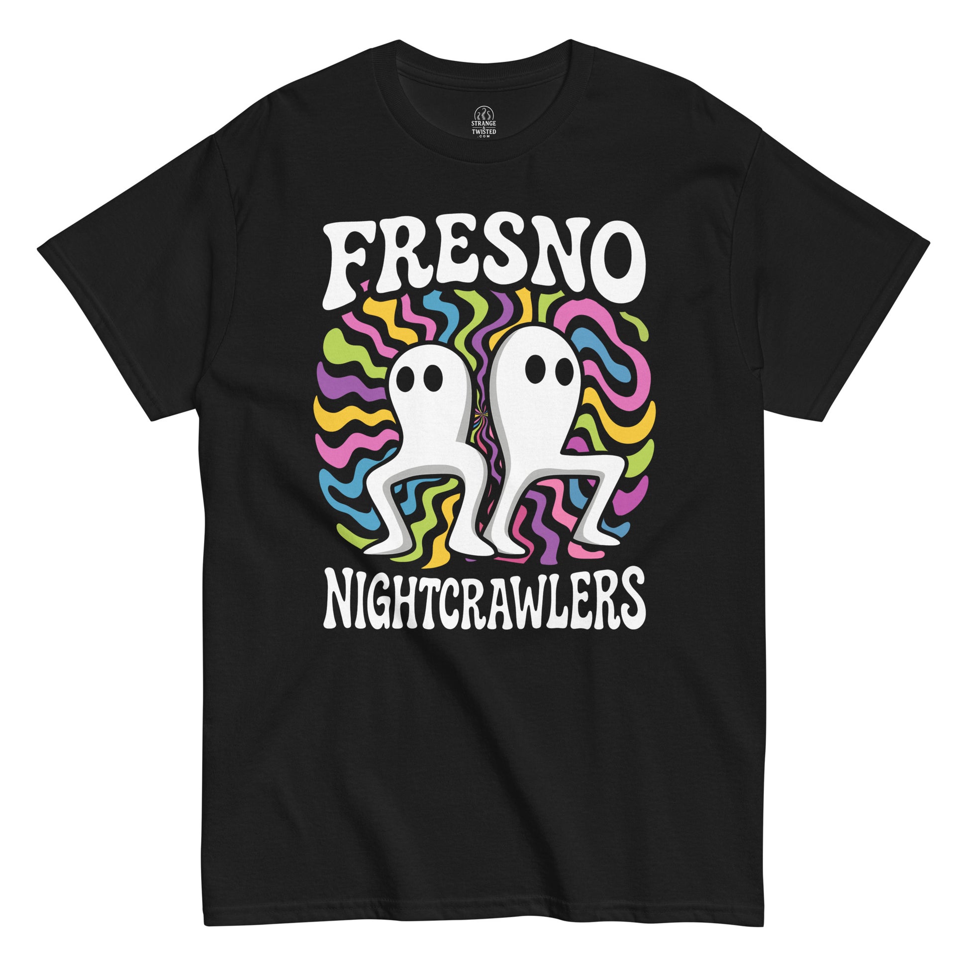 Fresno Nightcrawlers T-shirt featuring white cryptid figures with psychedelic background on black fabric.