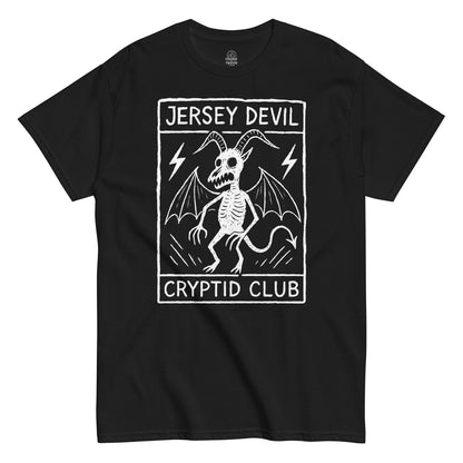 Jersey Devil Cryptid Club T-shirt featuring white line-art design of winged creature with lightning bolts on black fabric.