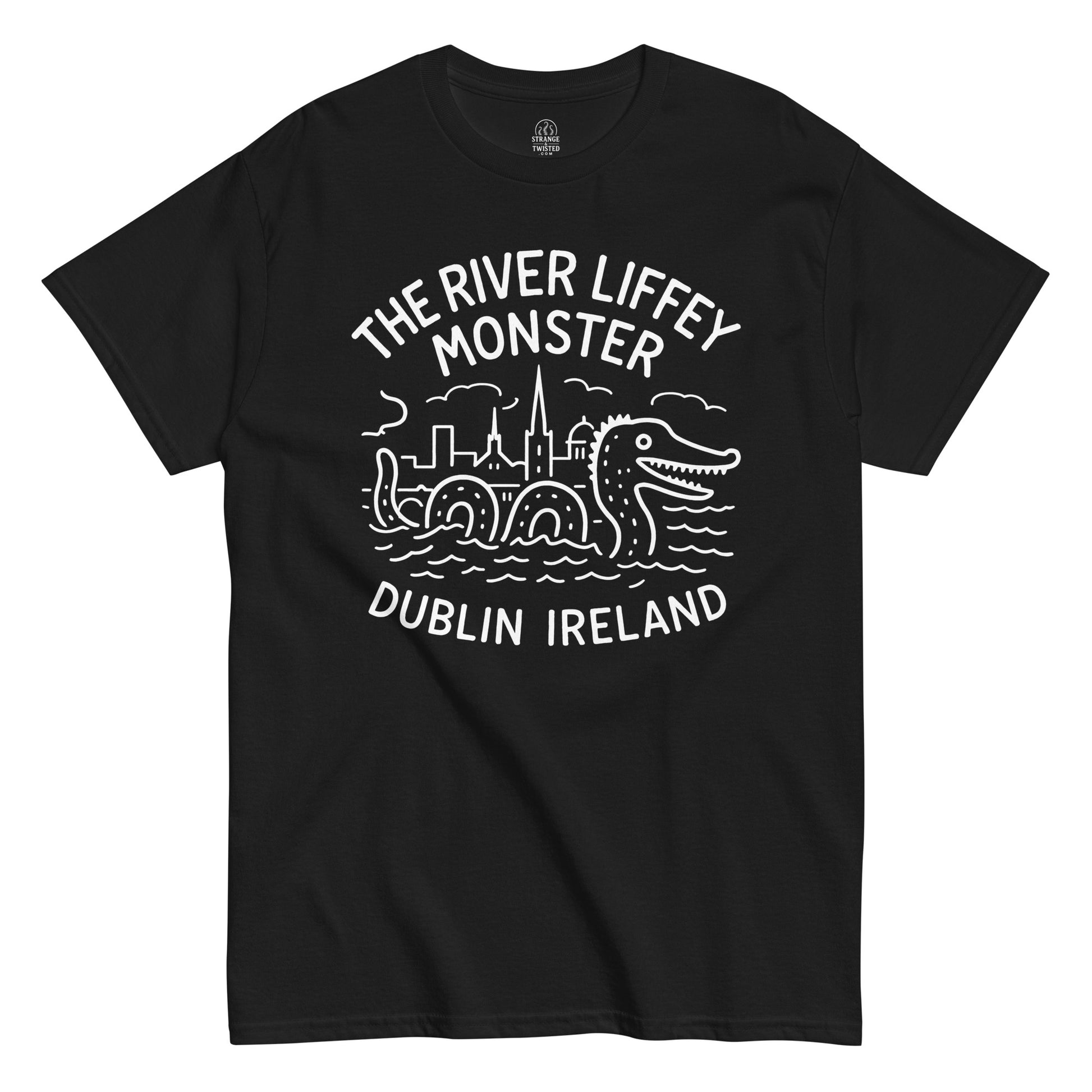 The River Liffey Monster T-shirt featuring white line-art cryptid design with Dublin skyline on black fabric.