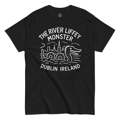 The River Liffey Monster T-shirt featuring white line-art cryptid design with Dublin skyline on black fabric.