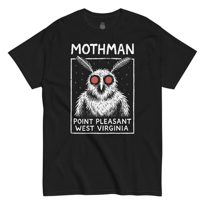 Mothman Point Pleasant West Virginia T-shirt featuring white and red cryptid artwork on black fabric.