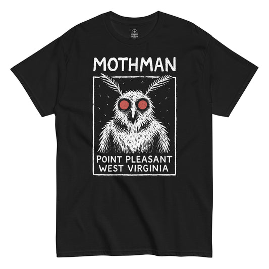 Mothman Point Pleasant West Virginia T-shirt featuring white and red cryptid artwork on black fabric.