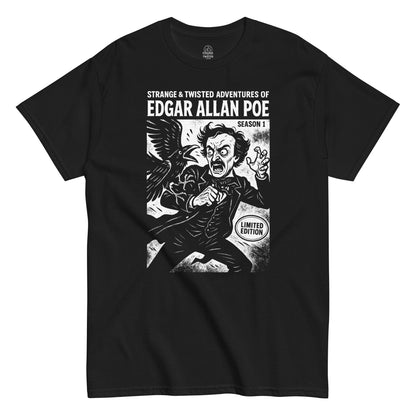 Strange & Twisted Adventures of Edgar Allan Poe T-shirt featuring white comic-style artwork of Poe and a raven on black fabric.