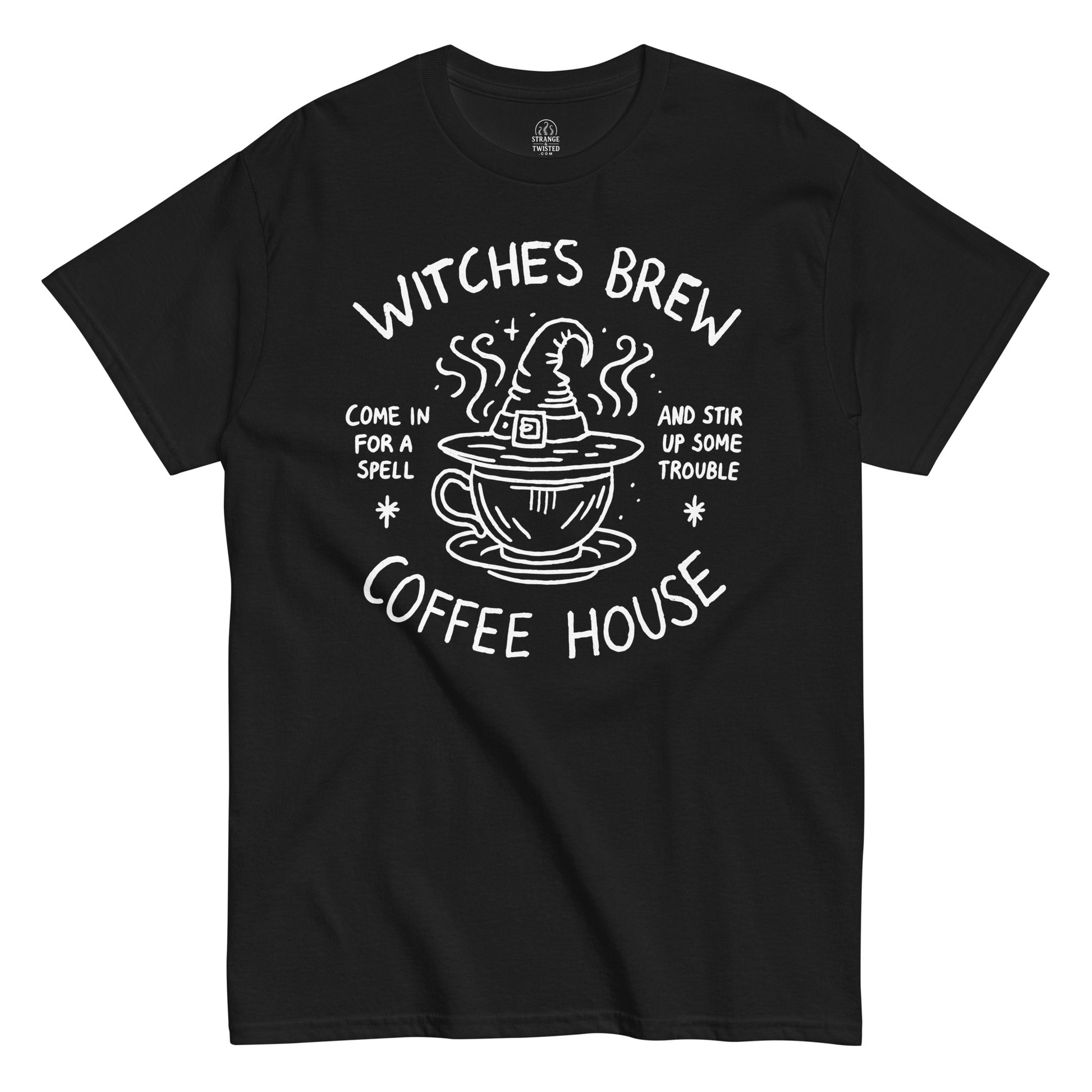 Witches Brew Coffee House T-shirt featuring white witchy coffee cup and hat design on black fabric.