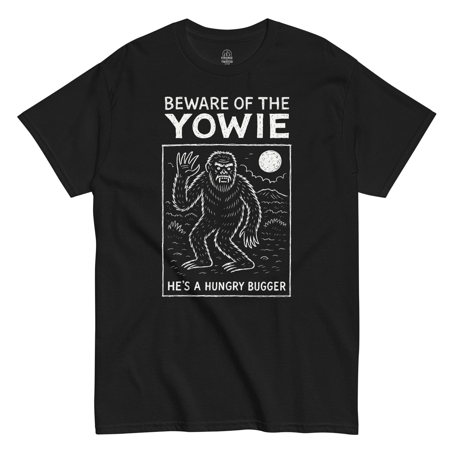 Beware of the Yowie T-shirt featuring white illustration of the Australian cryptid under a full moon on black fabric.