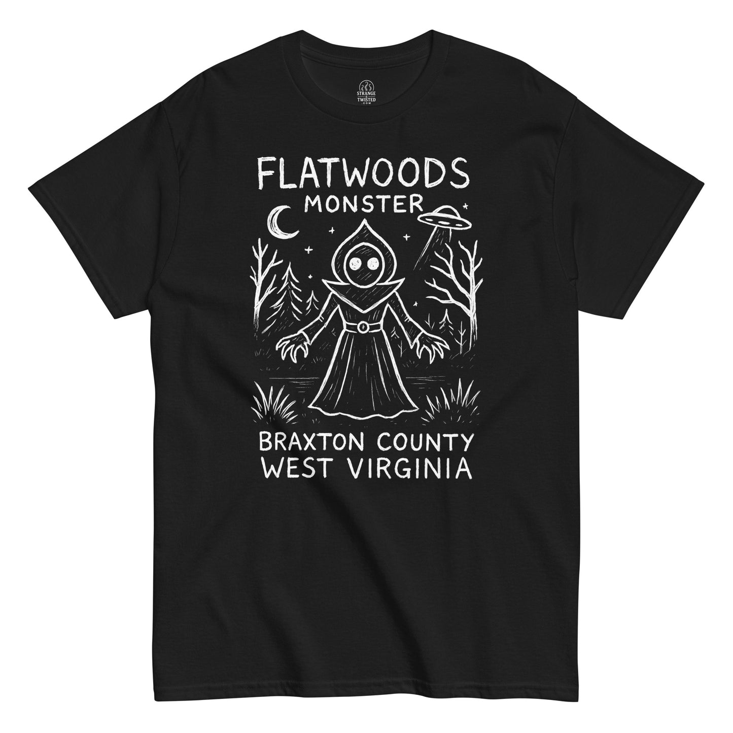 Flatwoods Monster T-shirt featuring eerie cryptid with UFO and moonlight on black fabric.