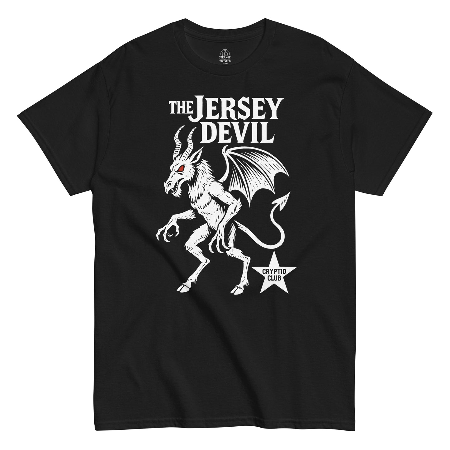 The Jersey Devil Cryptid Club T-shirt featuring white artwork with red eyes of the winged folklore creature on black fabric.