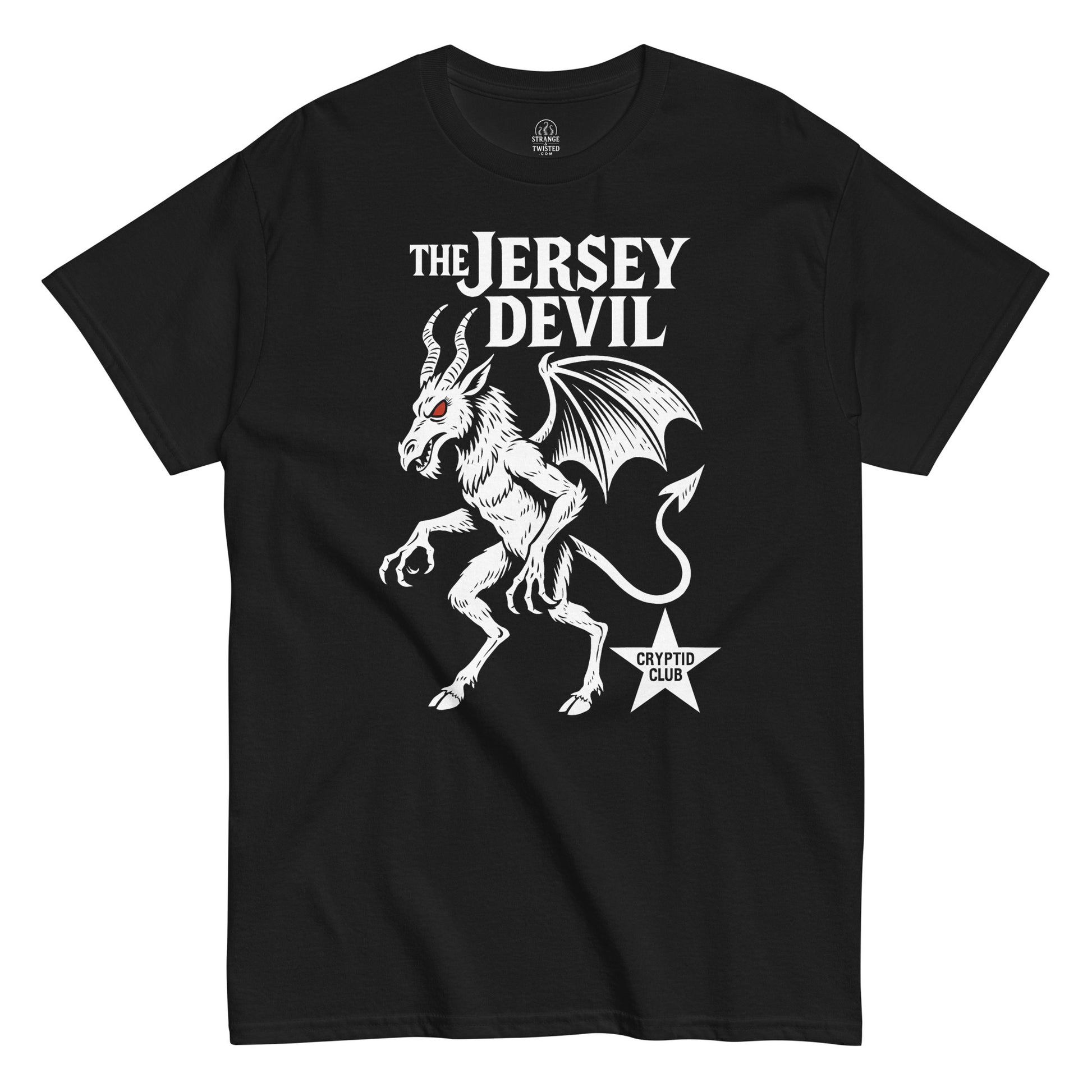 The Jersey Devil Cryptid Club T-shirt featuring white artwork with red eyes of the winged folklore creature on black fabric.