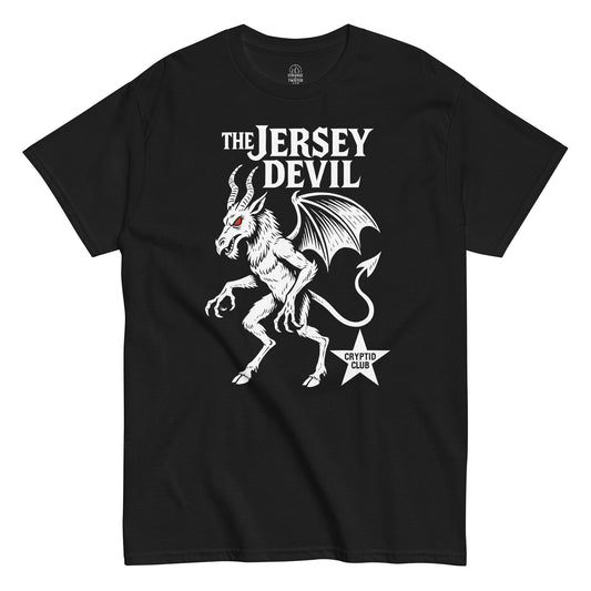 The Jersey Devil Cryptid Club T-shirt featuring white artwork with red eyes of the winged folklore creature on black fabric.